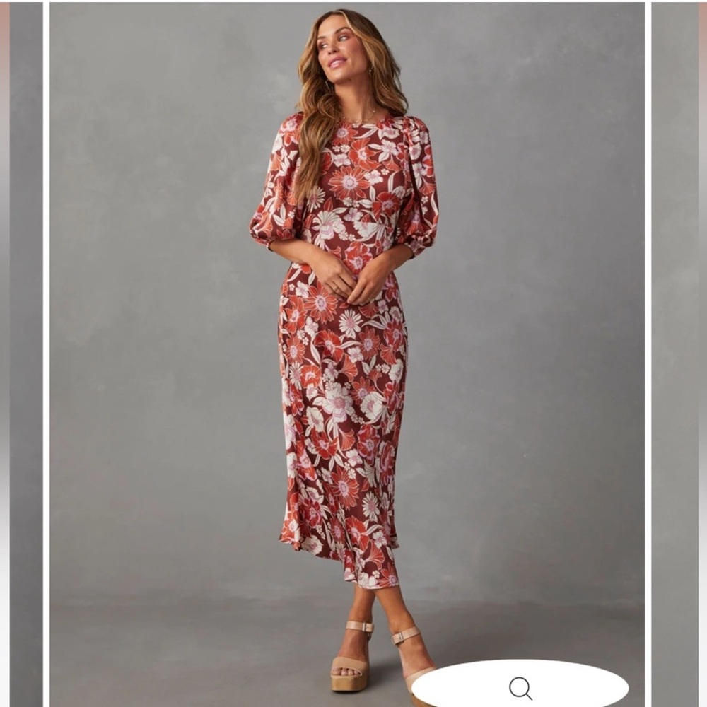 DAMARA SATIN FLORAL SHORT SLEEVE MIDI DRESS BROWN brand new with tags from vici